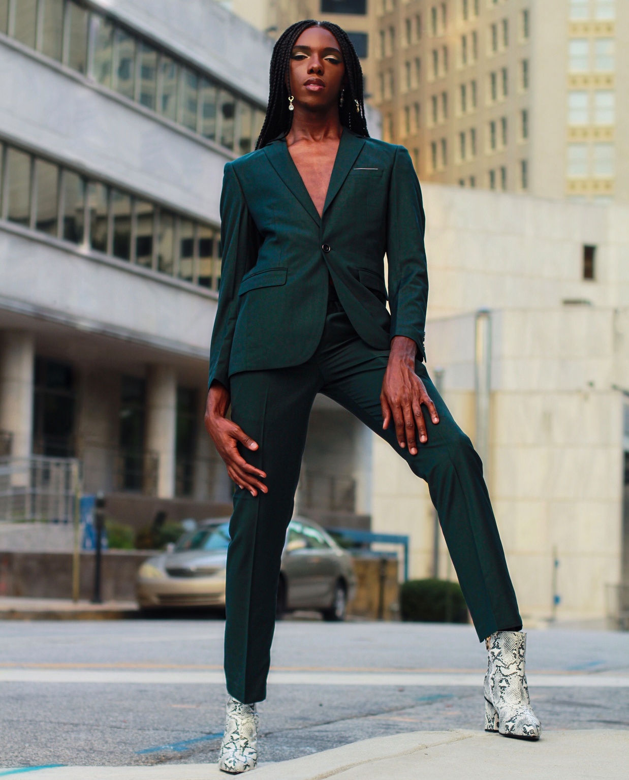 A woman wearing a suit.